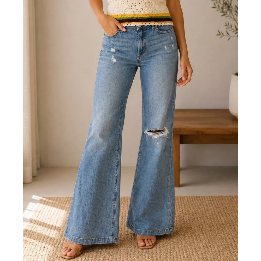 Free People Distressed Flare Jeans Light Wash Wide Leg Denim W26